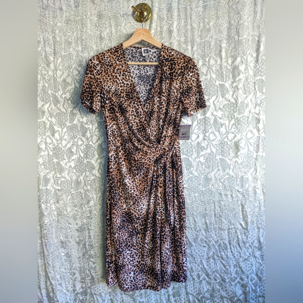 NWT Anne Klein Leopard Print Faux-Wrap Dress